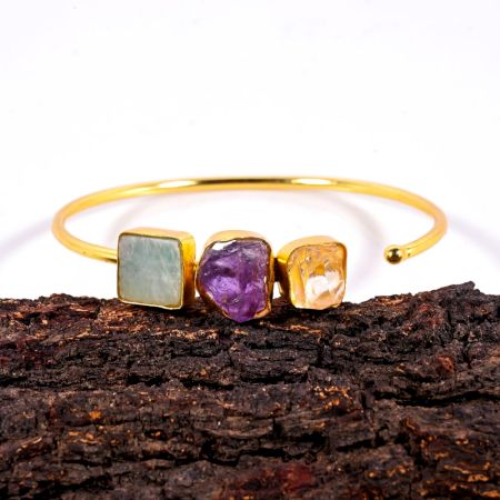 Handmade Bracelet for Women with Raw Amazonite Amethyst and Citrine Gemstones and 22k Gold Plating